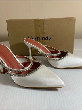 Embellished White Satin Mules Sandals with Rhinestones Straps